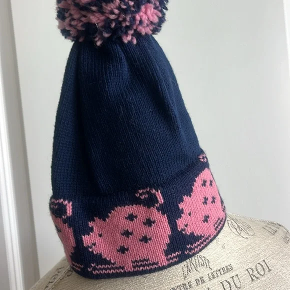 NWOT Stowe Woolens Ltd navy blue beanie hat with pink pigs, blue & pink pom-pom - Picture 5 of 12
